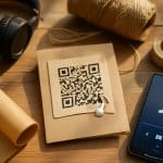 Personalised song gift: Handmade card with a QR code, headphones, twine and a phone playing music on a craft table