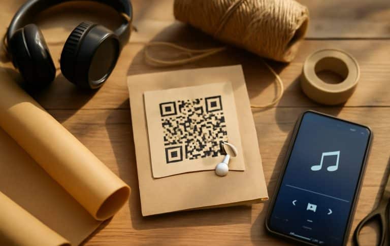 Personalised song gift: Handmade card with a QR code, headphones, twine and a phone playing music on a craft table